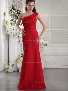 Red Empire Floor-length Column / Sheath Chiffon One Shoulder Bridesmaid Dress