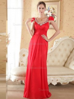 Red Bateau Empire Chiffon Column / Sheath Floor-length Bridesmaid Dress