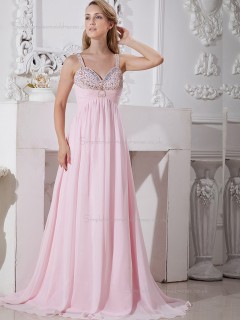 Pink Sweep Spaghetti Straps A-line Empire Chiffon Bridesmaid Dress