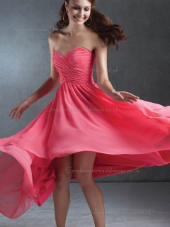 UK Chiffon Ruffles Sweep Watermelon Bridesmaid Dresses