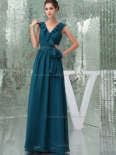 Beautiful Girls Ink blue Floor-length Bow Chiffon Bridesmaid Dresses