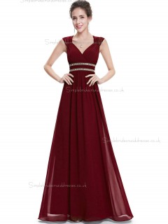Online Best Burgundy Chiffon V-neck A-line Floor-length Beading Sash Empire Bridesmaid Dress