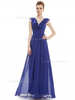 Romantica Blue Chiffon V-neck A-line Floor-length Tiered Natural Bridesmaid Dress