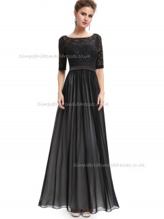 Girls Black A-line Chiffon Lace Floor-length Bateau Bridesmaid Dress