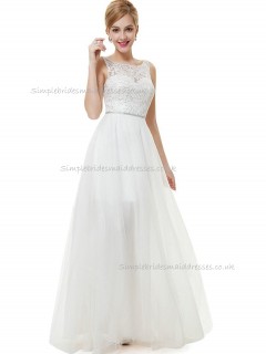 Online White A-line Tulle Lace Floor-length Bateau Bridesmaid Dress