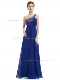 Cheap Royal Blue A-line Chiffon Beading Floor-length One Shoulder Bridesmaid Dress