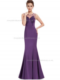 Girls Purple Mermaid Satin Applique Floor-length Bateau Bridesmaid Dress