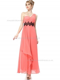 Online Watermelon A-line Chiffon Lace Floor-length One Shoulder Bridesmaid Dress