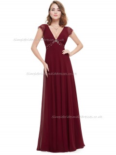 Vintage Amazing Burgundy A-line Chiffon Lace , Beading Floor-length V-neck Bridesmaid Dress
