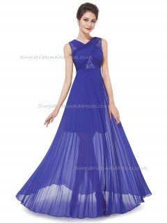 Elegant Romantica Vintage Royal Blue A-line Chiffon Lace Floor-length V-neck Bridesmaid Dress