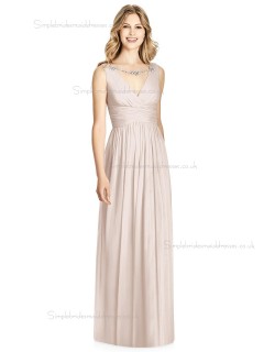 Elegant Celebrity Floor-length Pearl Pink Lux Chiffon Draped V-neck A-line Bridesmaid Dress