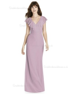 UK Girls V-neck Tiered Column / Sheath Chiffon suede rose floor-length Bridesmaid Dress