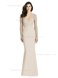UK Romantica V-neck Satin Mermaid Champagne Floor-length Lace Bridesmaid Dress