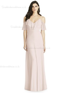 Fitted Tiered A-line Pink Chiffon Floor-length V-neck Bridesmaid Dress