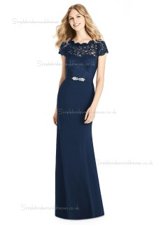 Elegant Amazing Column / Sheath Belt / Beading / Lace Satin Dark Navy floor-length Bridesmaid Dress