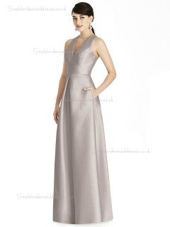 Cheap Best Floor-length A-line V-neck Satin taupe Bridesmaid Dress