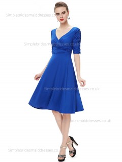 Girls V-neck Chiffon A-line Empire Knee-length Half-Sleeve Ruffles Royal Blue Bridesmaid Dress