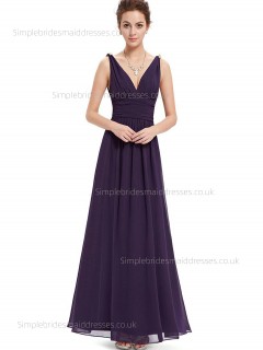 Elegant Best Plus Size Sleeveless Empire Floor-length Grape A-line V-neck Chiffon Draped Bridesmaid Dress