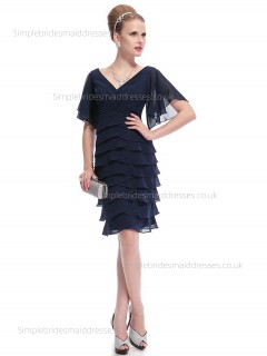 Budget Tiered Dark Navy Knee-length Chiffon Half-Sleeve Empire Column Sheath V-neck Bridesmaid Dress