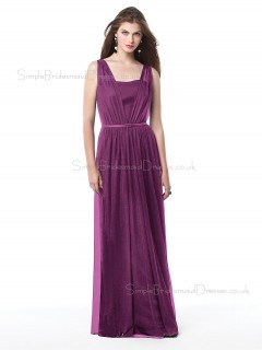 Tulle Bateau Sheath Floor-length Sleeveless Natural Purple Zipper Bridesmaid Dress