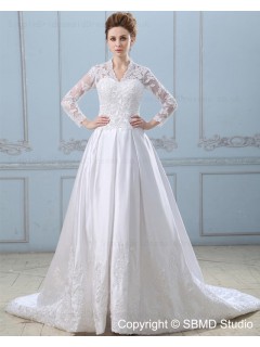 Zipper Lace / Applique Satin Ivory Long Sleeve Natural Sweep A-Line High Neck Wedding Dress