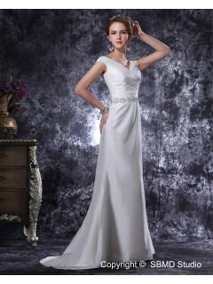 Sleeveless Ivory Taffeta Natural Zipper Column / Sheath Sweep V Neck Beading / Ruffles Wedding Dress