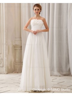 Zipper Sleeveless Natural Ivory Chiffon A-Line Court Strapless / Bateau Ruffles / Beading / Hand Made Flower Wedding Dress