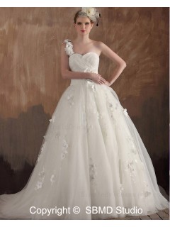 Ivory Ruffles / Applique / Beading / Hand Made Flowers Lace Up A-line Sleeveless Satin / Tulle One Shoulder Empire Sweep Wedding Dress