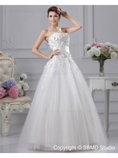 Ivory Satin / Organza A-line Strapless / Beading / Hand Made Flowers Zipper Empire Sleeveless Floor-length Bateau Wedding Dress