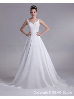 Chapel Ruffles A-line Sleeveless Natural Satin Straps Lace Up Ivory Wedding Dress