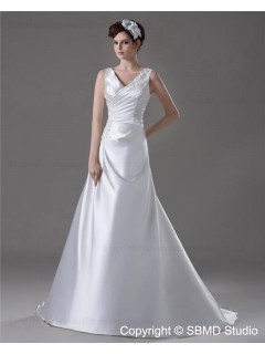 Natural Lace Up Satin Court Sleeveless Ivory V Neck Appliques / Beading A-line Wedding Dress