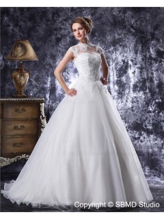 Beading / Applique Ivory A-Line / Ball Gown Floor-length Zipper Natural Organza / Satin High Neck Sleeveless Wedding Dress