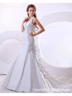 Beading / Applique Sleeveless Court Taffeta Empire Halter Lace Up A-line Ivory Wedding Dress