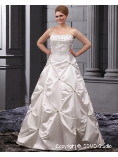 Beading / Applique A-line / Plus Natural Satin Strapless Sleeveless Zipper Size Ivory Court Wedding Dress