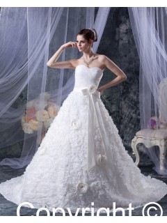 Hand Made Flower / Ruffles Ivory Satin / Taffeta A-line Empire Zipper Sleeveless Sweetheart Chapel Wedding Dress