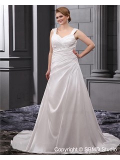 Beading / Ruffles Ivory Size Straps A-line / Plus Empire Lace Up Sleeveless Satin Court Wedding Dress