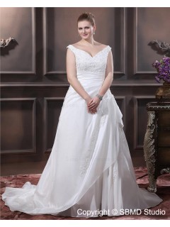 Court V Neck Ruffles / Applique / Beading Taffeta Empire Ivory Lace Up Size Sleeveless A-line / Plus Wedding Dress