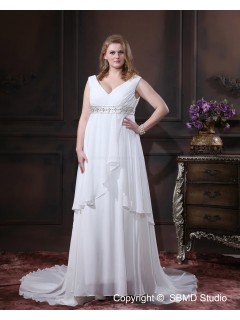 Size Chapel Ivory Chiffon Sleeveless Empire V Neck Lace Up A-line / Plus Beading / Sash Wedding Dress