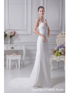 Sleeveless Empire A-line Chapel V Neck Ivory Beading Zipper Chiffon / Satin Wedding Dress