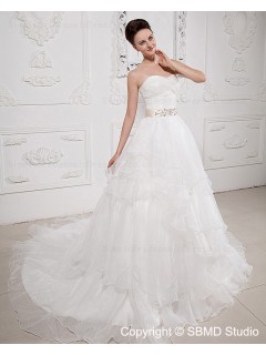 Taffeta / Organza Ivory Ruffles / Beading / Cascading-Ruffles / Sash Sleeveless Zipper A-line Natural Court Sweetheart Wedding Dress