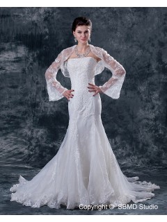 Sleeve Sweetheart Long Ivory Natural Satin A-line Chapel Beading / Applique Zipper Wedding Dress