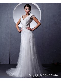 Ivory Organza Sleeveless Zipper Empire Ruffles / Beading / Lace Column / Sheath V Neck Chapel Wedding Dress