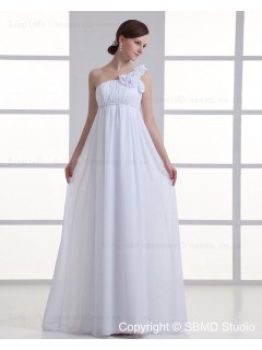Ivory Zipper Chiffon One Shoulder Floor-length Empire Sleeveless Ruffles / Hand Made Flower A-line Wedding Dress