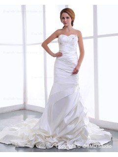 Sweetheart Ruffles / Beading / Appliques Sleeveless A-line Court Natural Lace Up Satin Ivory Wedding Dress