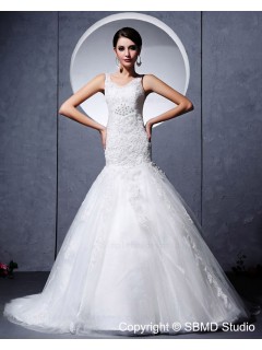 Sleeveless Applique / Beading Scoop Satin / Lace / Tulle Zipper Ivory Chapel Empire A-line Wedding Dress