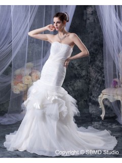 Sleeveless Empire Beading / Ruffles / Cascading-Ruffles Strapless Cathedral A-line Organza / Satin Ivory Zipper Wedding Dress