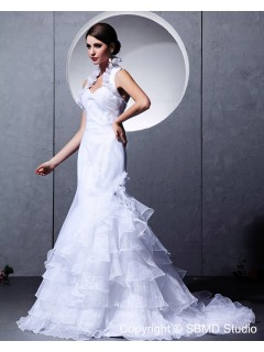 Ivory Court Sleeveless Cascading-Ruffles Halter Natural Taffeta / Satin Zipper A-line Wedding Dress