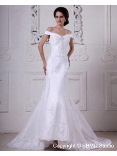 Ivory Zipper Empire A-line Off-the-shoulder Beading / Lace Court Sleeveless Organza / Satin Wedding Dress