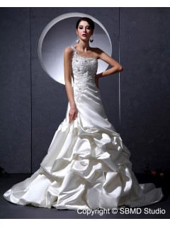 A-line Natural Satin Applique / Ruffles / Beading / Embroidery Court One Shoulder Lace Up Sleeveless Ivory Wedding Dress