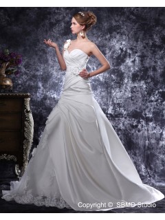 Beading / Ruffles / Hand Made Flower Sleeveless Lace Up Court Satin A-line Ivory Empire One Shoulder Wedding Dress